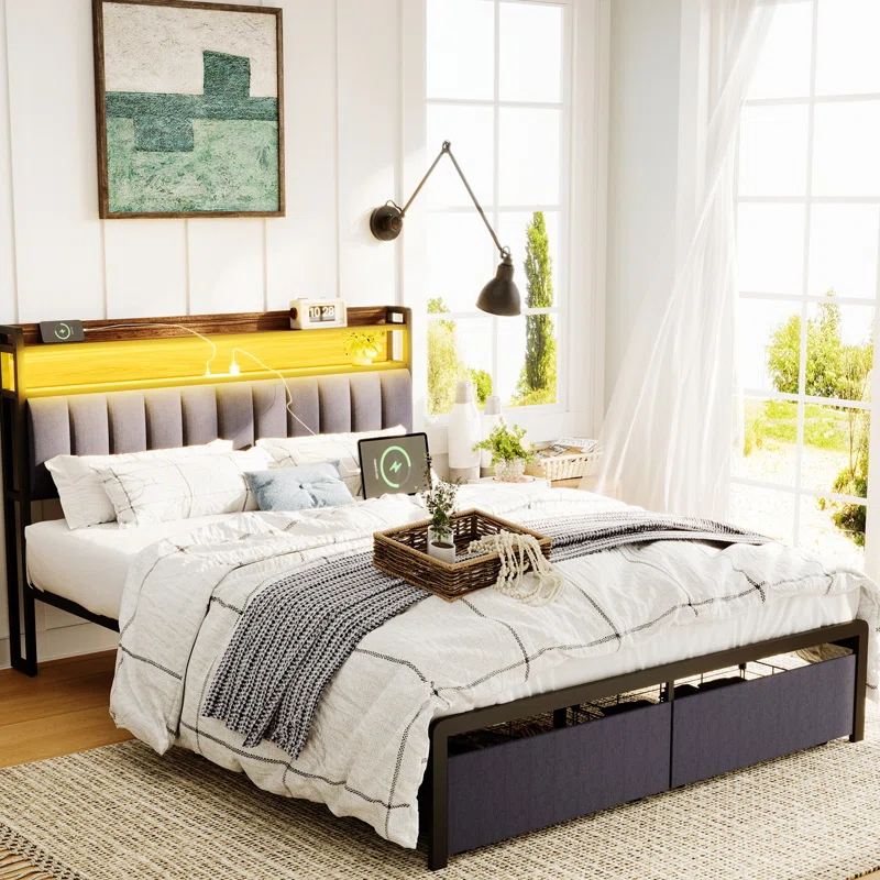 Orren Ellis Full Bed Frame With Storage Headboard And Drawers, Full Size Led Platform Bed Frame, Led Upholstered Bed Frame With Charging Station