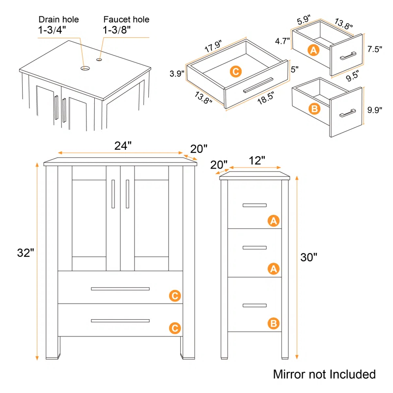 48" Single Bathroom Vanity Set with Glass Vessel Sink, Manufactured Wood Top, Water Saving Faucet