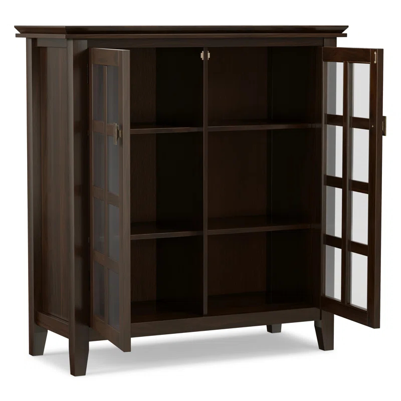 Simpli Home Artisan 38"W Solid Wood 4-Shelf Medium Storage Cabinet with Glass Doors and Adjustable Shelves