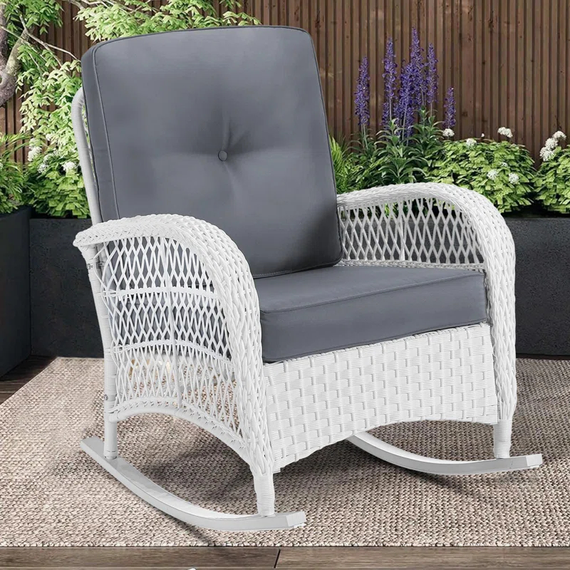 Highland Dunes Highland Dunes Outdoor Wicker Rocking Chair, Rattan Patio Rocker Chairs With Cushions And High Back, All-Weather Patio Wicker Chair With Safe Rocking Design For Garden Backyard Porch, White Wicker