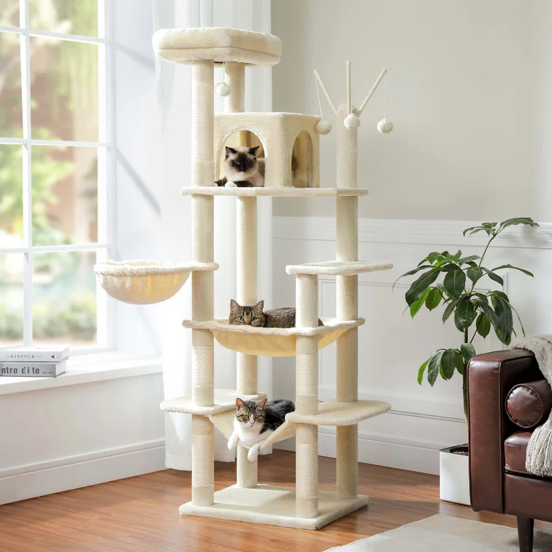 69" Tall Cat Tree Large Cat Tower With Super Big Hammock, Scratching Posts, Condo House And Large Top Perch