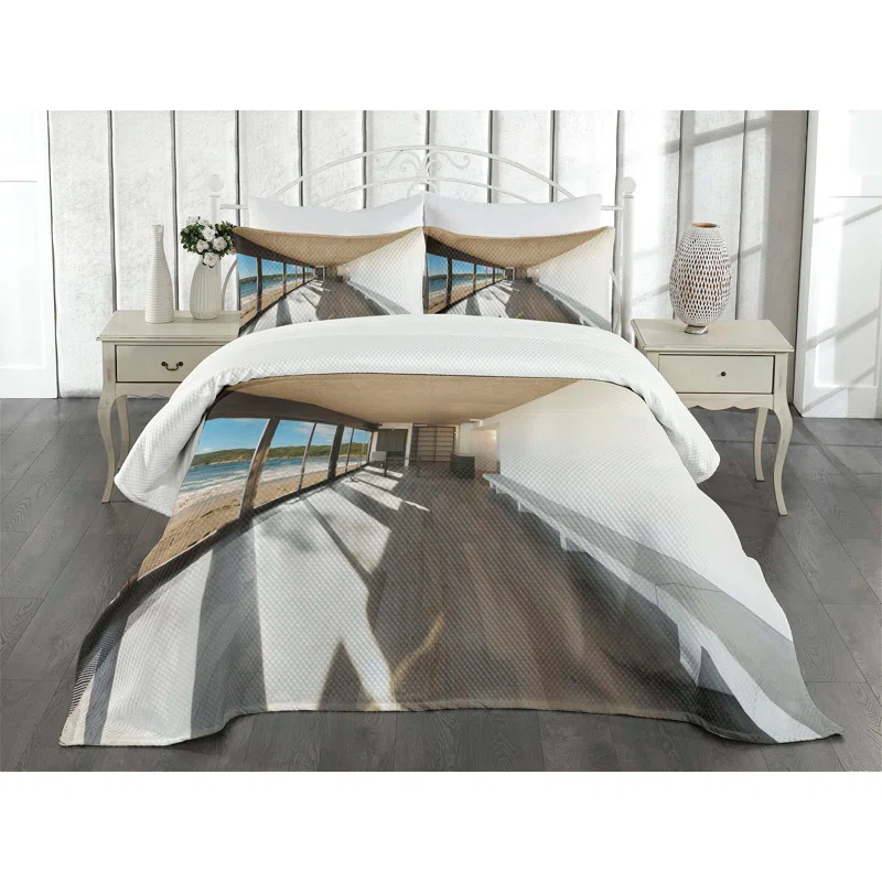 Ambesonne Ambesonne Beach Bedspread Set Ocean Sea Waves Sand View Pale Brown Sky Blue