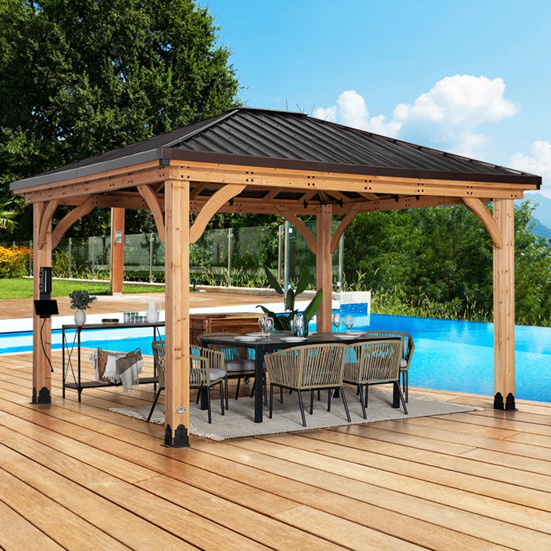 Backyard Discovery Backyard Discovery Barrington 14' x 12' Cedar Wood Outdoor Patio Gazebo with Hardtop Galvanized Steel Hip Roof and PowerPort