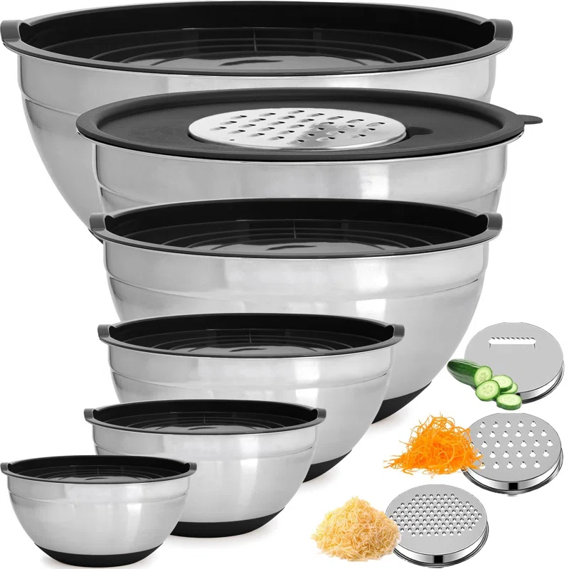 FAST APPLIANCES LLC 6Pc Large Mixing Bowls With Lids Set With Non-Slip Bases, Stainless Steel Mixing Bowl Set, 6 Airtight Lids And 3 Graters, Black