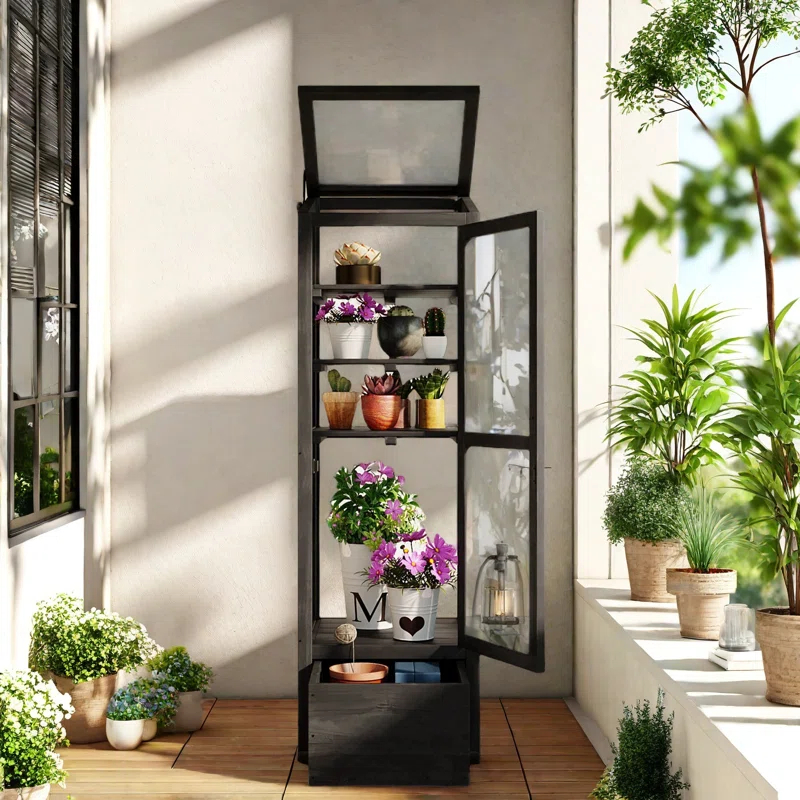 mosaicmotifco Wood Garden Greenhouse Balcony Portable Mini Cold Frame With Movable Storage Box, Adjustable Shelves And 1 Drawer