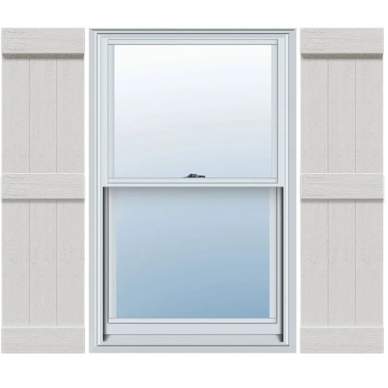 Ekena Millwork Timberthane Faux Rustic Joined Board-n-Batten Faux Wood Shutters w/End Batten