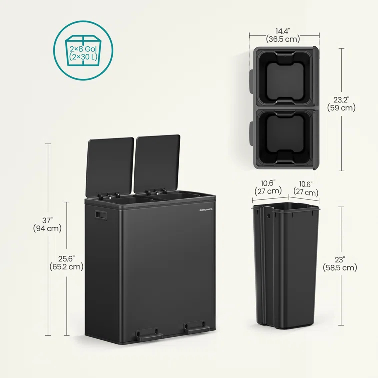 Songmics 2 x 8 Gallon Stainless Steel Multi-Compartments Trash Can with 15 trash bags
