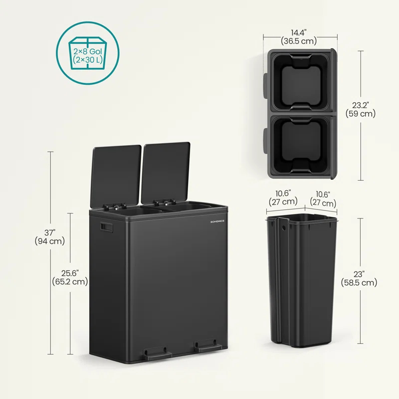 Songmics 2 x 8 Gallon Stainless Steel Multi-Compartments Trash Can with 15 trash bags