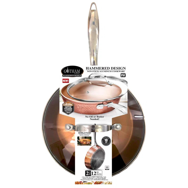 Gotham Steel Gotham Steel Hammered Copper 12'' Nonstick Frying Pan with Lid, Stay Cool Handle, Oven & Dishwasher Safe