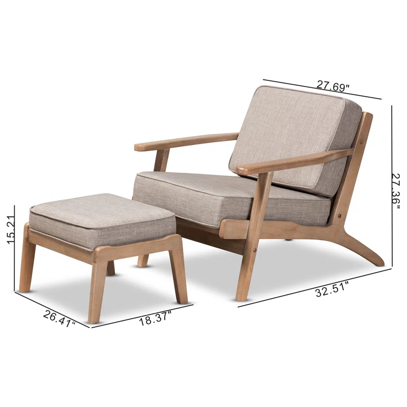 George Oliver Emsworth Mid-Century Modern 2-Piece Antique Oak Finished Armchair and Ottoman Set in Light Grey Fabric