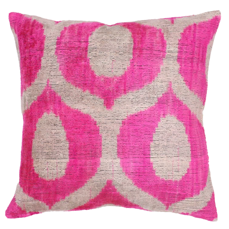 Vibrant Pink and Beige Velvet Geometric Trellis Throw Pillow