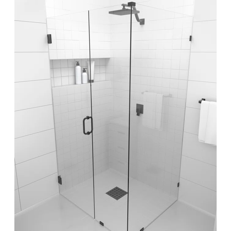 Glass Warehouse Illume 58 in. x 38.5 in. x 78 in. 90-degree Fully Frameless Wall Hinged Glass Shower Enclosure 90-WH-58-38.5-ORB