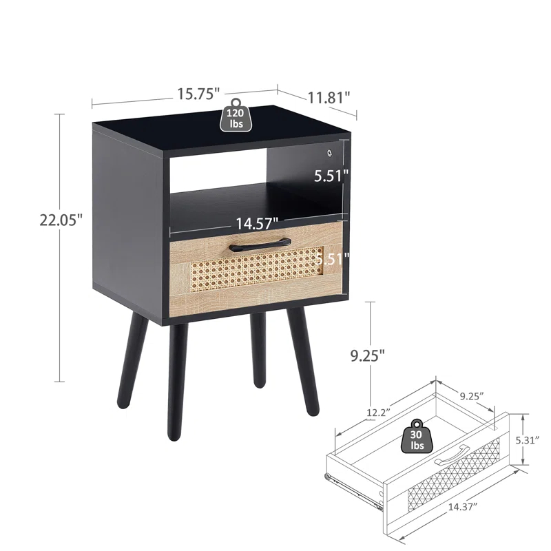 Corrigan Studio® 15.75 Rattan End Table Drawer Solid Wood Legs Modern Nightstand Side Table Living Room Bedroom Black