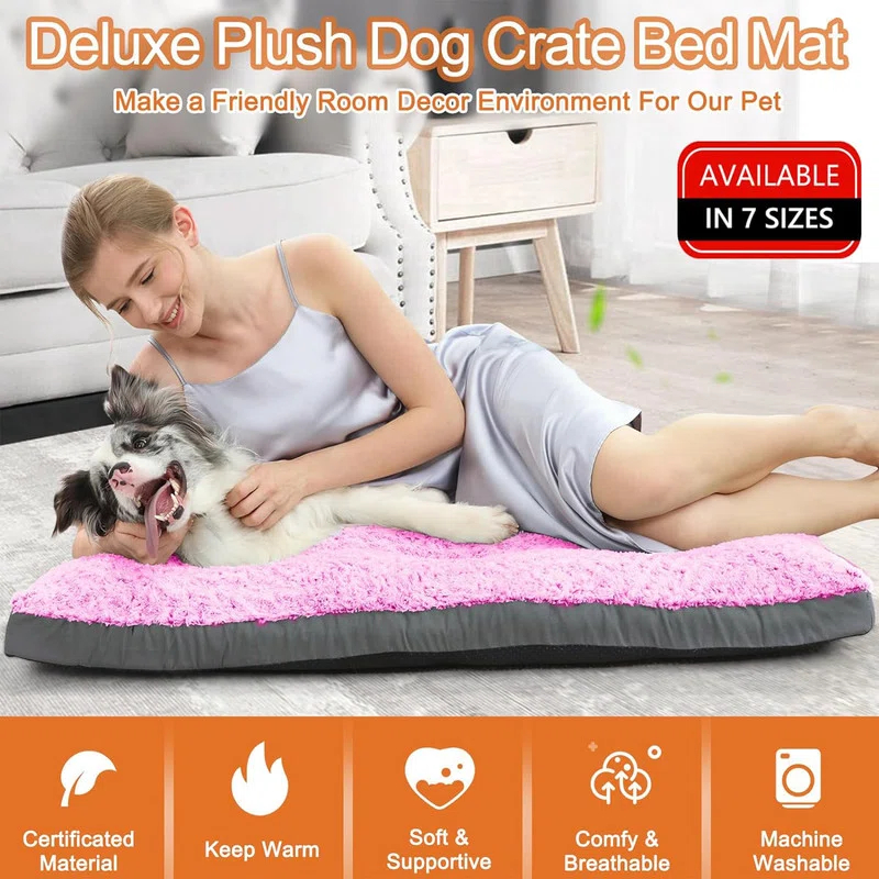 Comfy Fluffy Kennel Pad Anti-Slip for Dogs Up to 90 lbs, 42" x 28", Pink