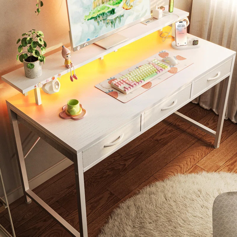 Computer Desk With 3 Drawers, Office Desk Gaming Desk With LED Lights & Power Outlets, Home Office Desks With Storage Space For Bedroom, Work From Home, (47 Inch )