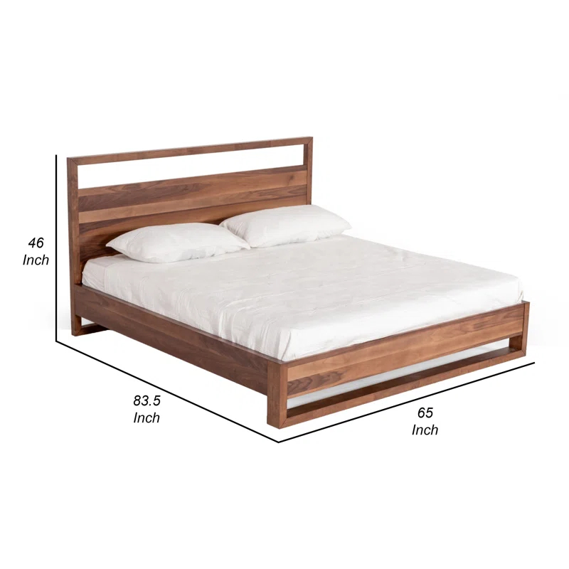 Benjara Lina Bed With Plank Style Tall Headboard, Modern Walnut Brown