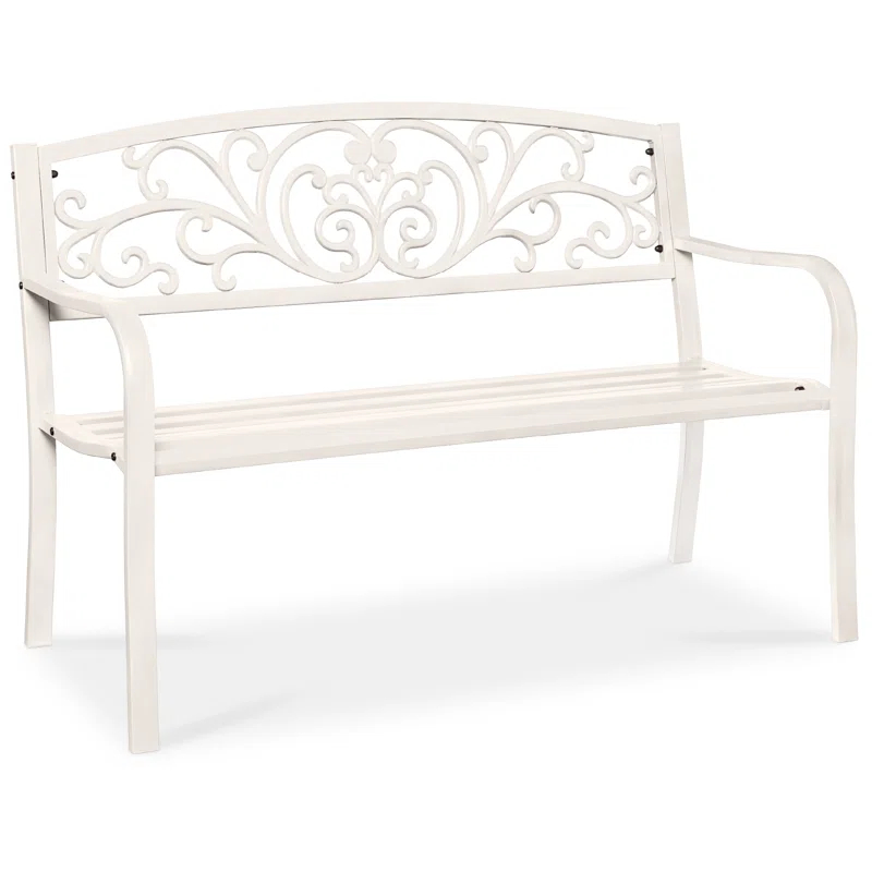 Alcott Hill® Outdoor Steel Bench Garden Patio Porch Furniture W/ Floral Design Backrest