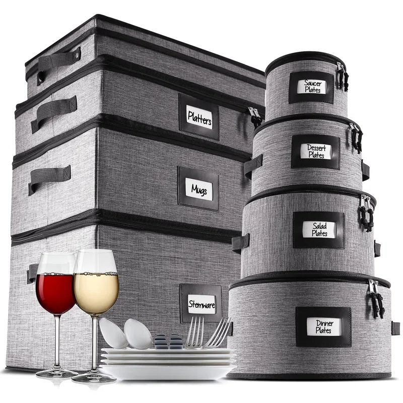 8 Piece Fabric Dinnerware Storage Set with Felt Dividers Included