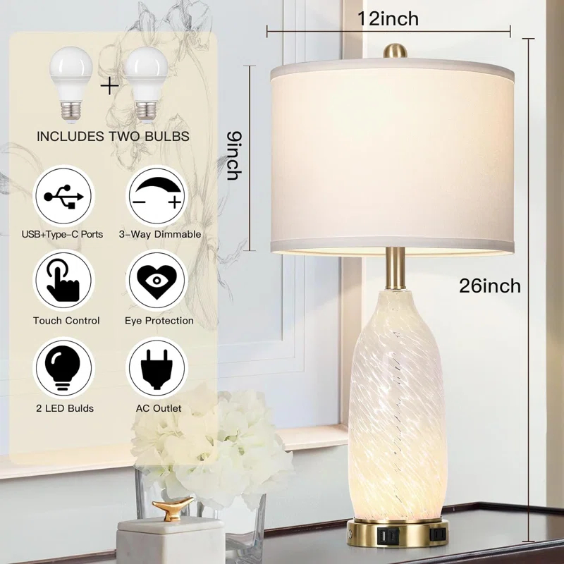 26" Modern Clear Glass Table Lamps Set Of 2,Nightstand Lamp With USB A+C Ports & AC Outlet,Bedside Lamps With 3-Way Dimmable Touch Control Night Light For Bedroom Living Room(Bulbs Included)