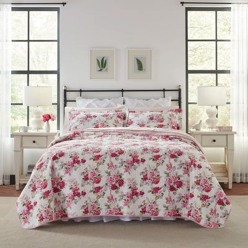 Laura Ashley Laura Ashley Lidia Cotton Reversible Pink Quilt Set