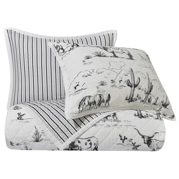 Paseo Road by HiEnd Accents Ranch Life White/Black Cotton Reversible Western Rustic Farmhouse 3 Piece Quilt Set