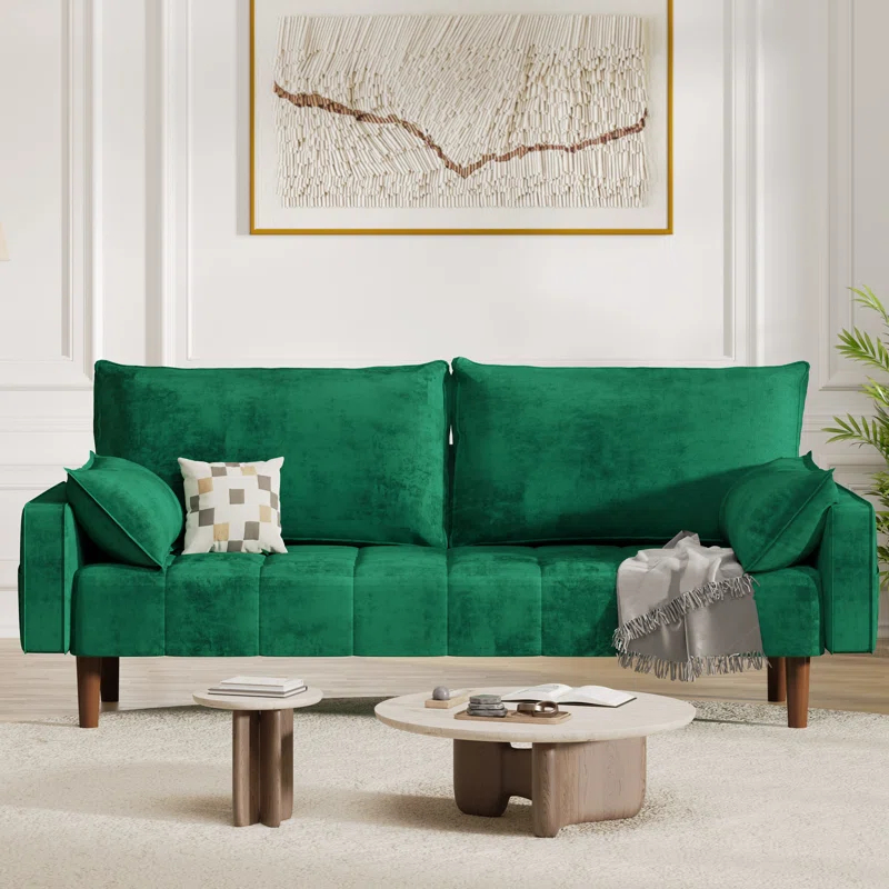 Mercer41 Damales 70" Square Arm Loveseat Sofa, Modern Velvet Loveseat with 2 Pillows