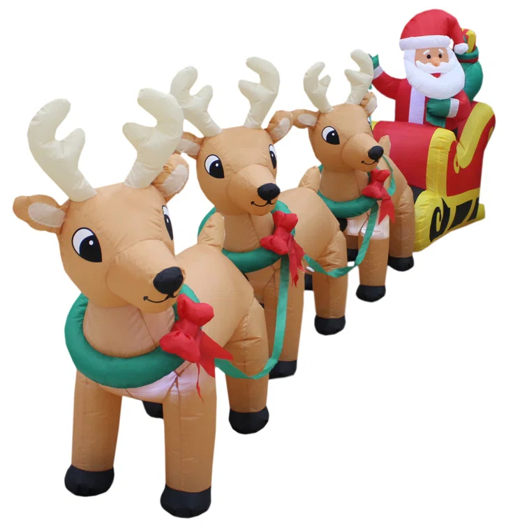 The Holiday Aisle® 12 Foot Long Merry Christmas Lighted Inflatable  Santa Claus on Sleigh with 3 Reindeer Pulled by Reindeer Indoor / Outdoor Happy Holiday Blow Up Yard Garden Decoration & Reviews | Wayfair