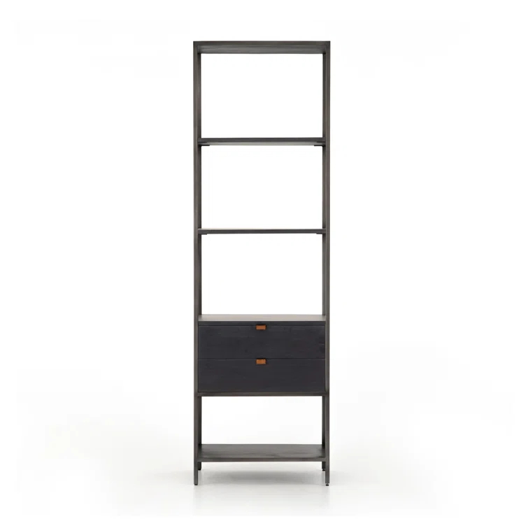 Contemporary Black Wash Poplar Bookshelf with Leather Pulls