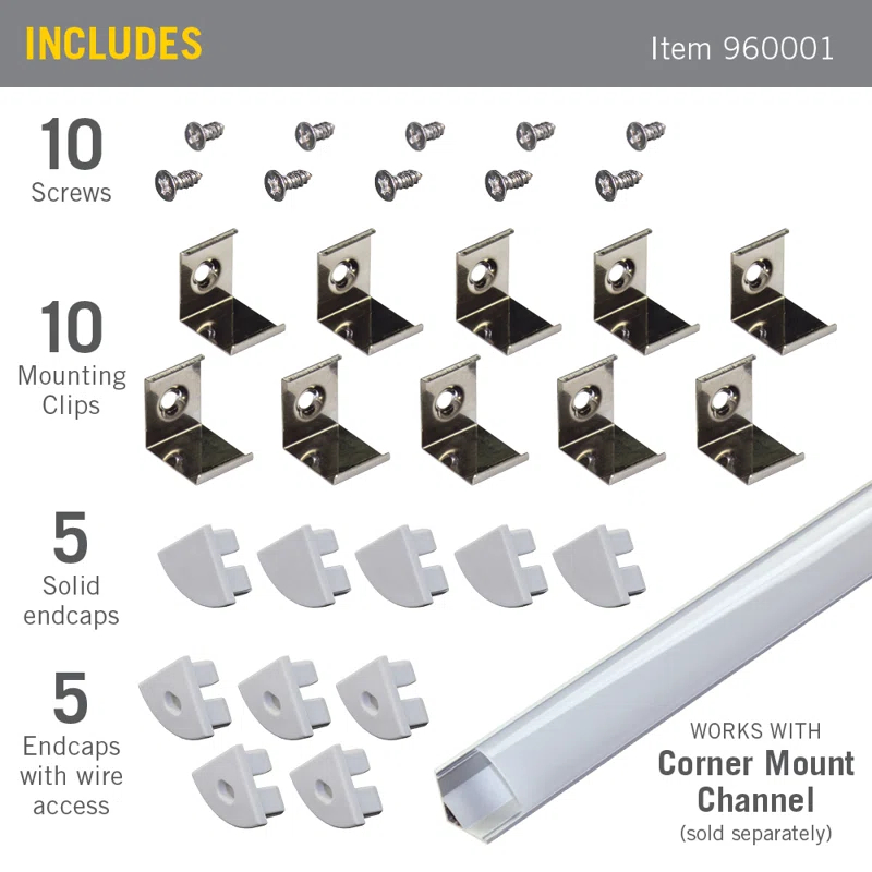 Accessory Packs for LED Tape Light Mounting Channels, Corner Mount, Grey