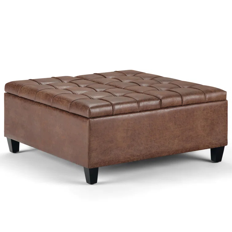 Simpli Home Harrison 36"W Upholstered Square Coffee Table Storage Ottoman with Split Lift Top
