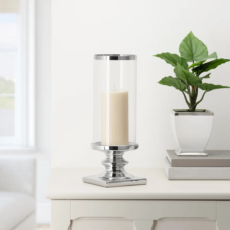 Charlton Home® 14''H Ceramic Pillar Candle Holder with Hurricane Candle Holder Glass