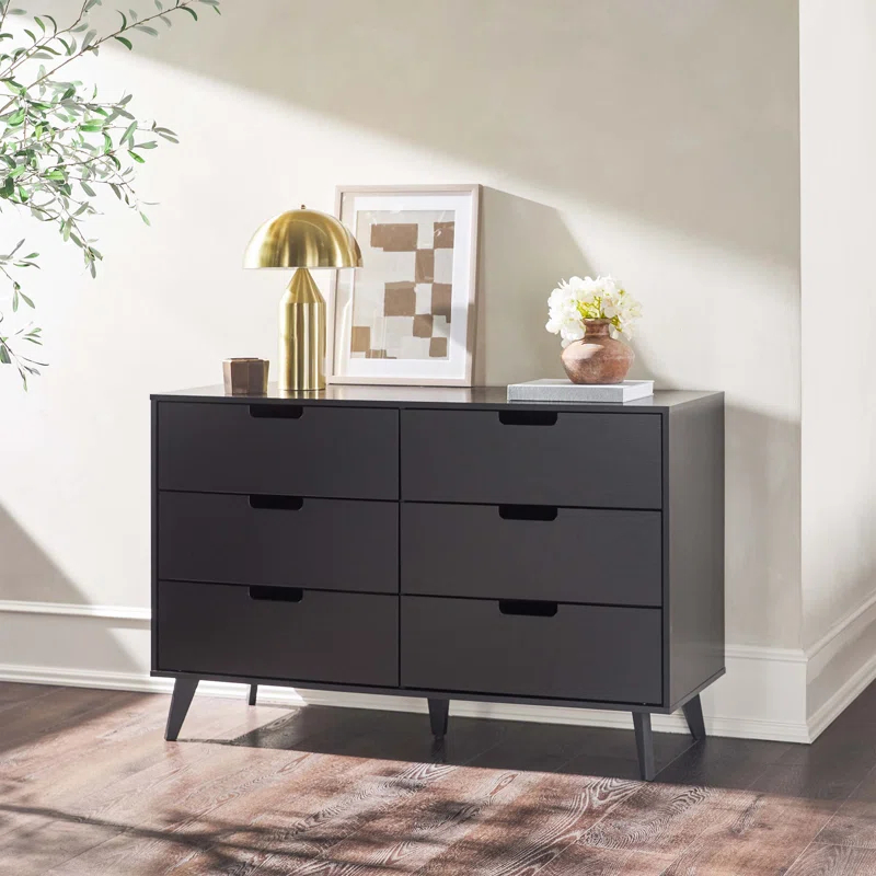 Walker Edison Simple Wood 6 Drawer Dresser with Cut Out Handles - Black