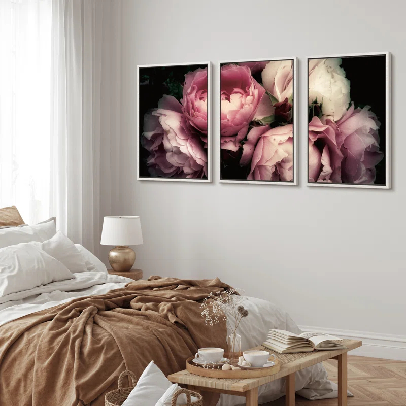 IDEA4WALL Flower Blossom " Pink Rose Peony Bouquet Floral Pictures Large Framed Canvas Print 3 Pieces Wall Art