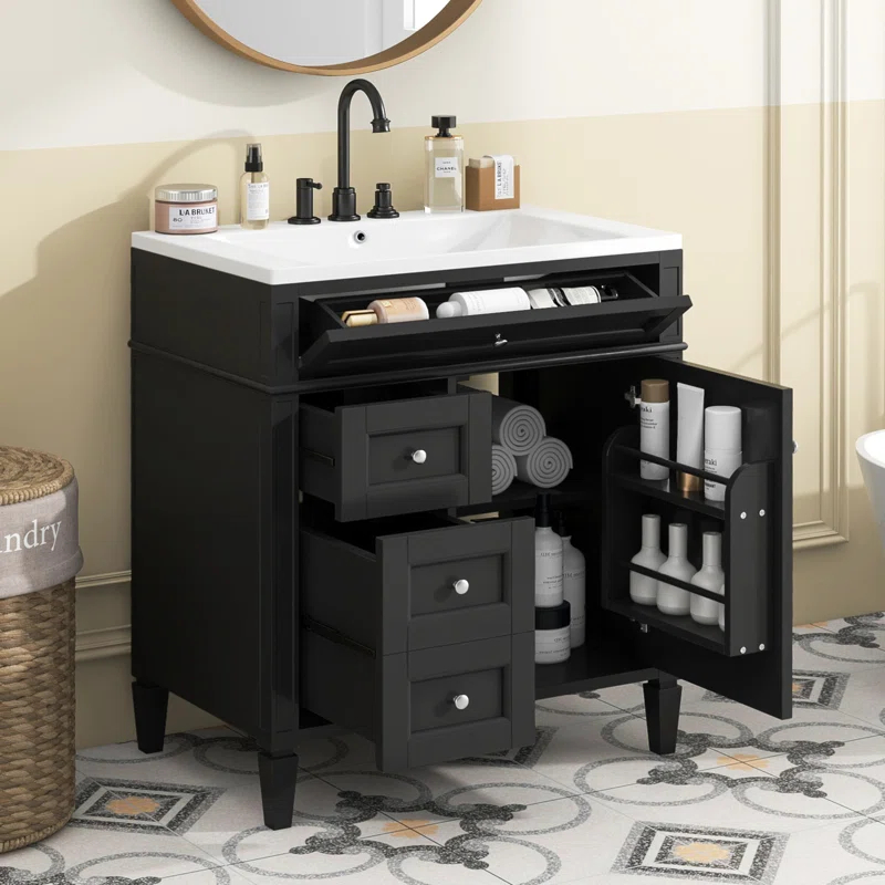 HLILish 30'' Bathroom Vanity With Top Sink, Modern Bathroom Storage Cabinet With 2 Drawers And A Tip-Out Drawer, Single Sink Bathroom Vanity