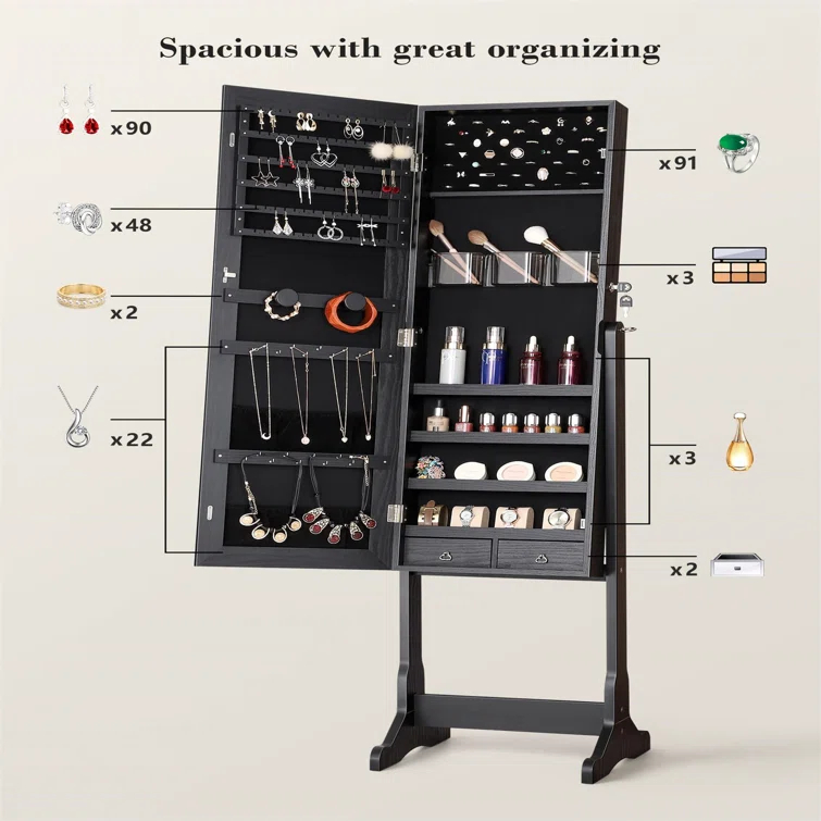 NIERBO Lockable Jewelry Organizer Mirror - Stylish Storage Solution For Women