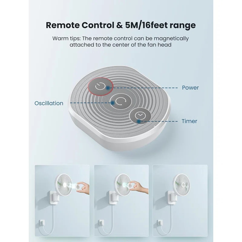 ATC CABINETS Wall Mount Oscillating Small Fan with Remote,8.5 Inch Bedroom RV Fans,4 Speeds,Timer