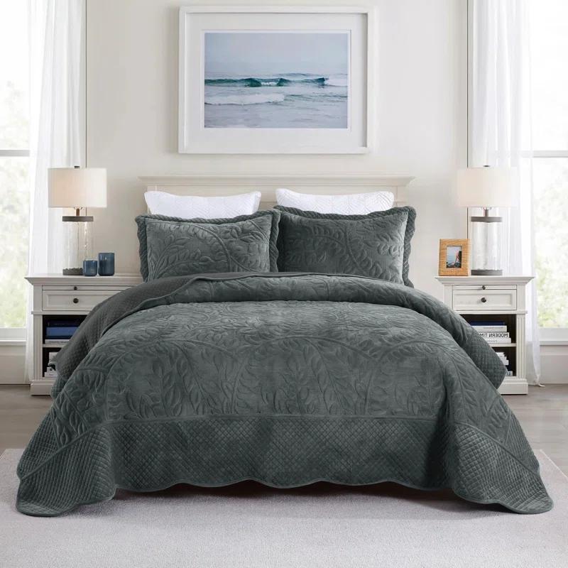 MarCielo Marcielo Oversized Embroidered Velvet Quilt Set With 2 Pillow Shams