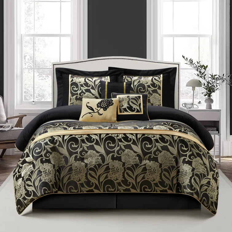 Nanshing America, Inc Fennville Black/Gold/Beige Microfiber 7 Piece Comforter Set