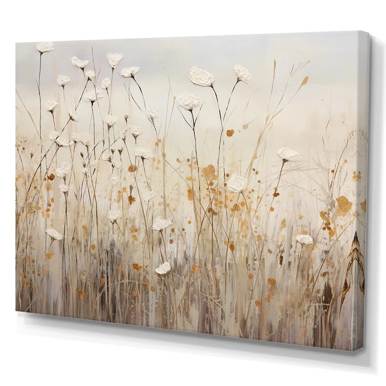 Design Art Beige Wildflowers Floral Fantasy  - Minimal wildflowers on canvas print