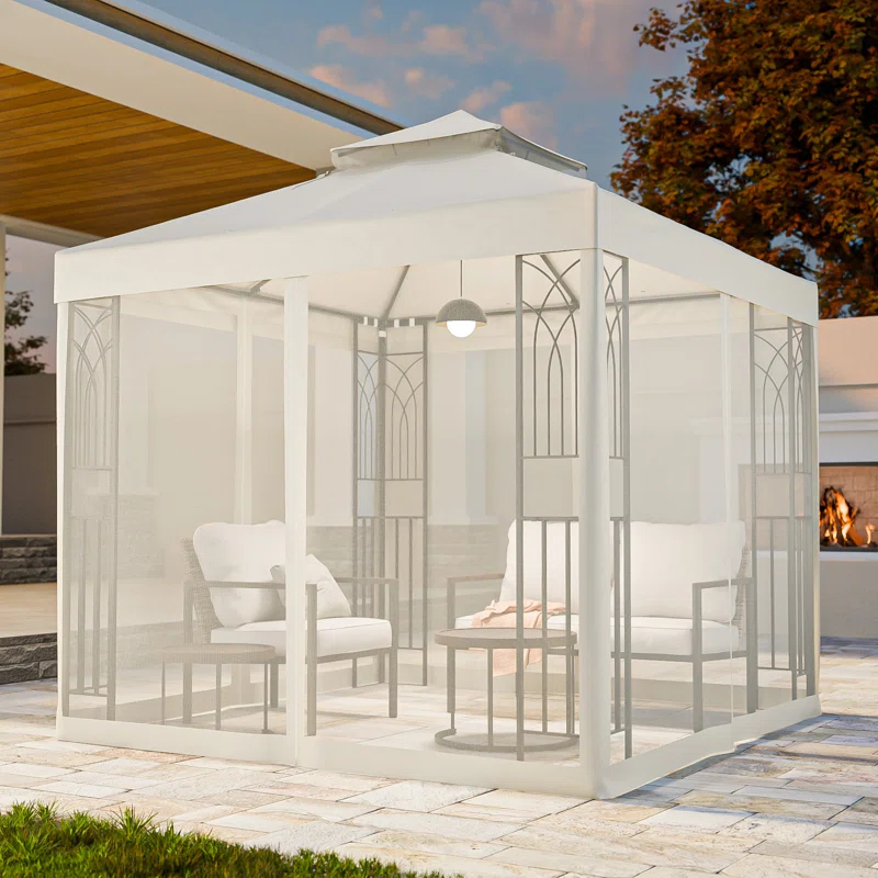COOS BAY 8 Ft. W x 8 Ft. D Steel Frame Vented Soft Top Patio Gazebo with Mesh Netting, Corner Shelves