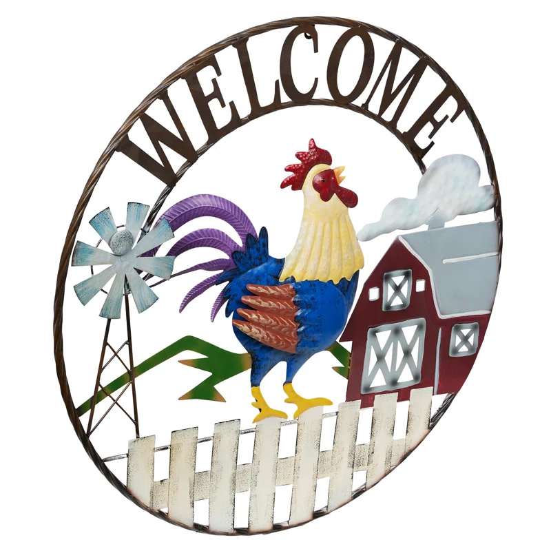 Alpine 30"H Large Round Rooster and Farm Welcome Wall Sign