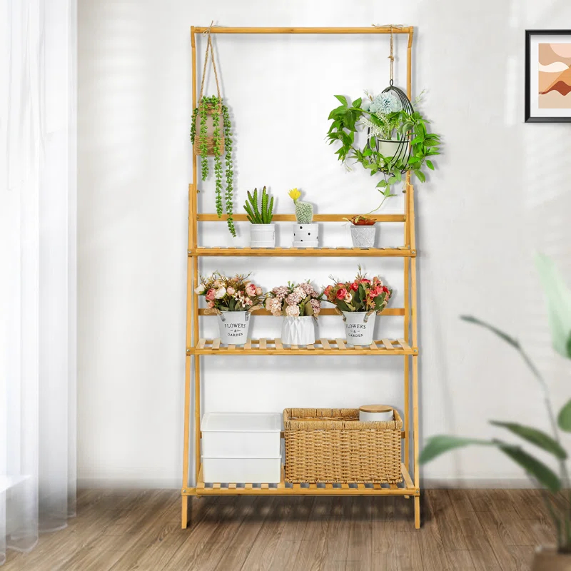 Bamboo 3 Tier Plant Stand Triangular Flower Pot Holder With Hanging Basket