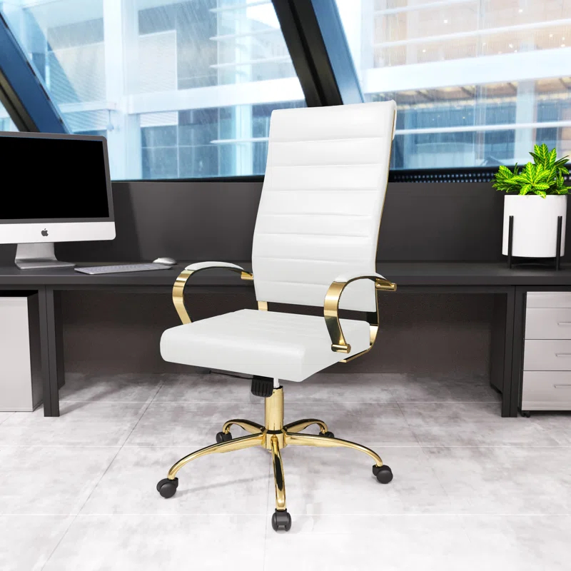 Everly Quinn Humairaa Benmar Leather Office Chair in Gold Base
