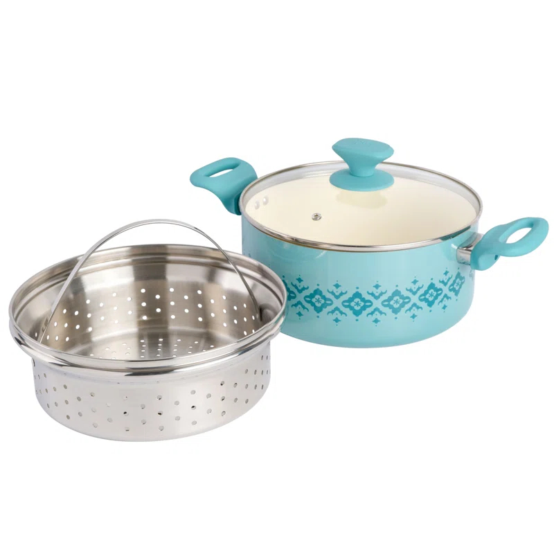 Spice by Tia Mowry Spice By Tia Mowry Savory Saffron Nonstick Ceramic Dutch Oven With Stainless Steel Steamer, 5-Quart, Charcoal, Enamel Exterior, Stay-Cool Handles