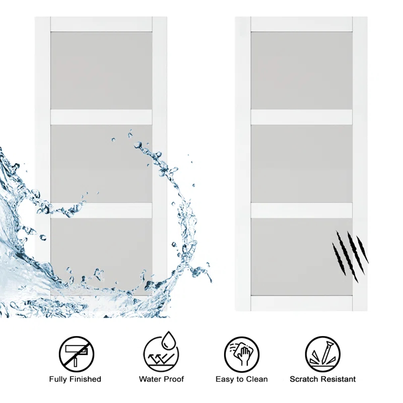 Calhome 3-Lite Tempered Frosted Glass White Finished Composite Double Sliding Barn Door with Hardware Kit Handle