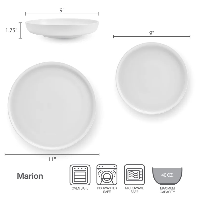 Mikasa Marion 12-Piece Lightweight Chip-Resistant Bone China Dinnerware Set, Service for 4