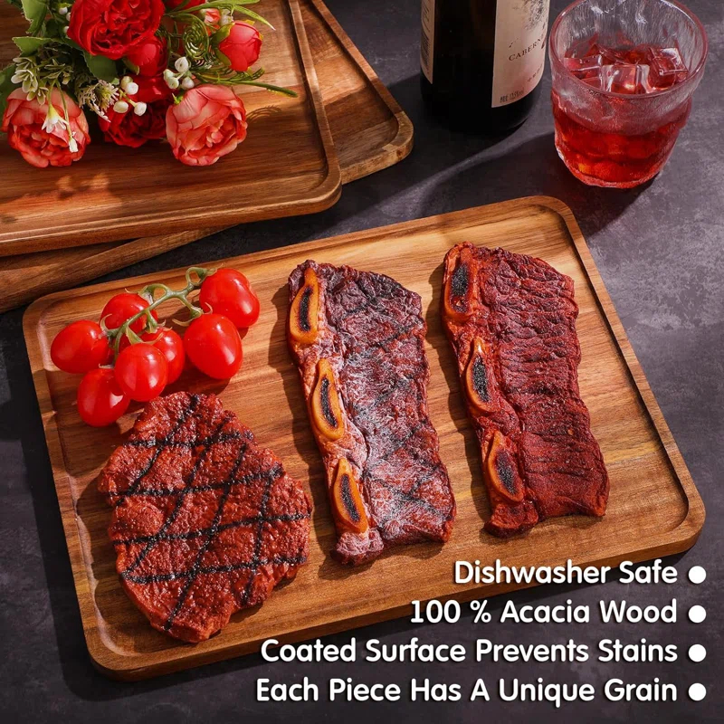 Millwood Pines 5 Pack Solid Acacia Wood Serving Trays, Rectangular Wooden Serving Board For Food Appetizer Serving Tray Plates For Vegetables Fruit Charcuterie Cheese Platters Home Kitchen Decor