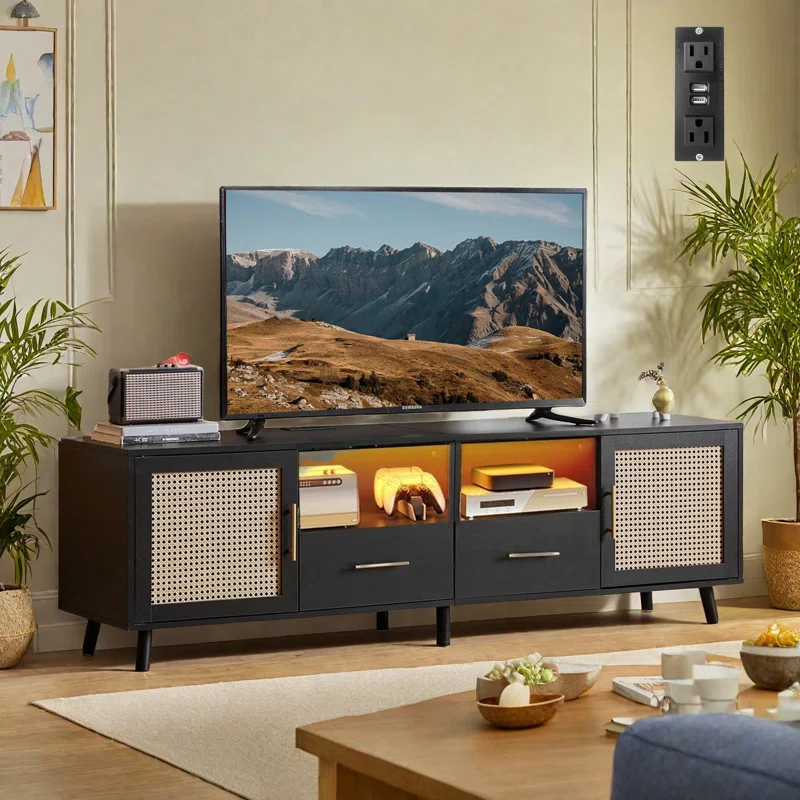 Bay Isle Home™ Heyer Large Wood Rattan TV Stand for TVs up to 75" with LED Light and Charging Station, Coastal Media Console Table, Multimedia Storage Furniture with 2 Drawers, Lighting TV Cabinet