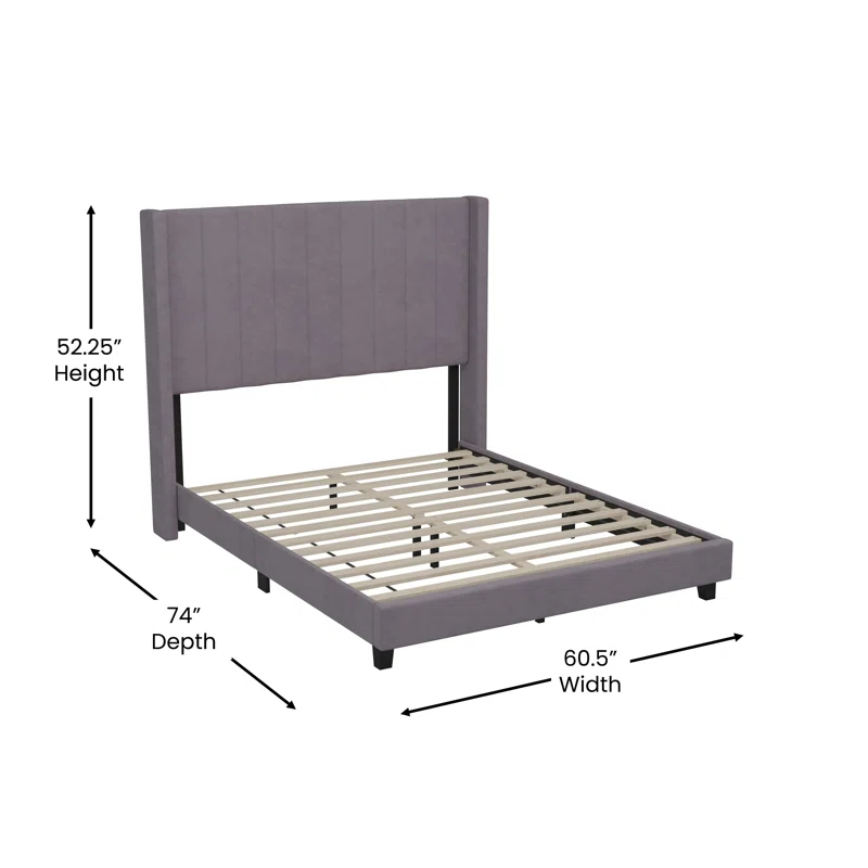 Flash Furniture Upholstered Platform Bed with Vertical Stitched Wingback Headboard, Slatted Mattress Foundation