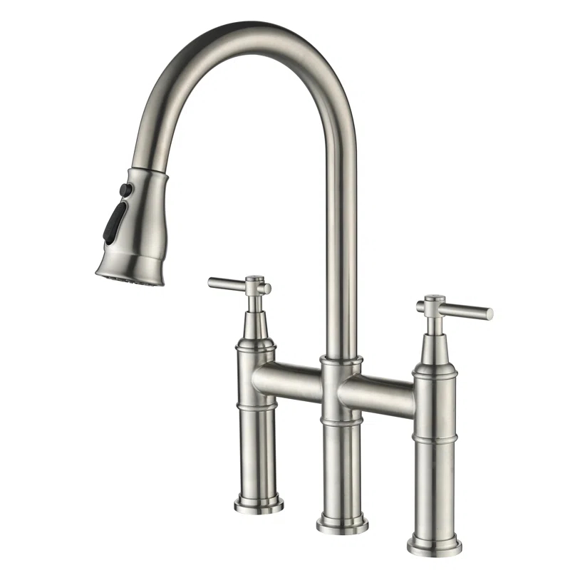 RBROHANT LYJ0078 17.32" Bridge Kitchen Faucet with Pull Down Sprayer, Bridge Faucet for Kitchen Sink 3 Holes